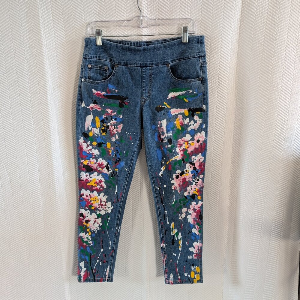 Joseph Ribkoff Painted Splatter Jeans Crop Size 12 Stretchy Pull On Denim Fun